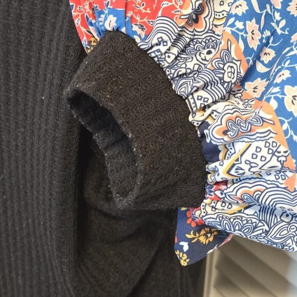 Miholl LARGE BLACK Waffle Knit Pullover V-Neck Statement Sleeve Boho Crochet - Picture 7 of 10